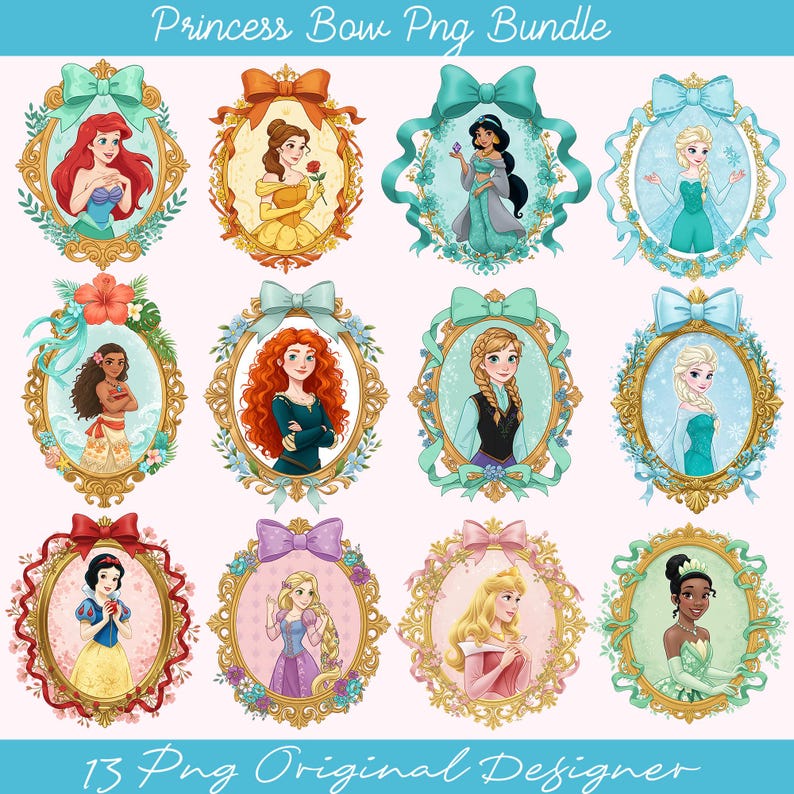 K&ouml;nnte beinhalten: Eine Sammlung von 12 ovalen Portr&auml;ts von Disney-Prinzessinnen, jeweils mit aufwendigen goldenen Details und einer dekorativen Schleife umrahmt. Die Prinzessinnen sind in ihren charakteristischen Outfits dargestellt, mit leuchtenden Farben und floralen Akzenten. Der Text "Princess Bow Png Bundle" und "13 Png Original Designer" ist oben und unten.