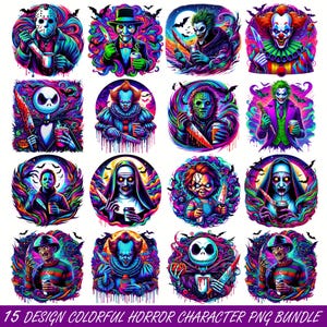 Colorful Horror Character PNG Bundle, Neon Scary Movie png design, Trippy Halloween Sublimation, halloween bundle png