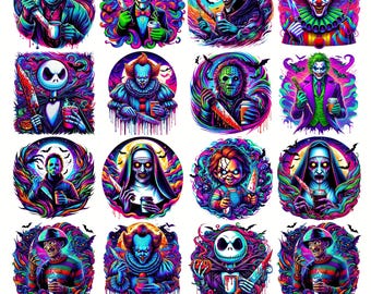 Colorful Horror Character PNG Bundle, Neon Scary Movie png design, Trippy Halloween Sublimation, halloween bundle png