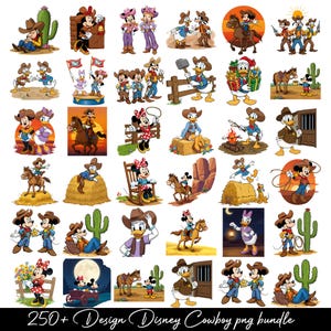Puede incluir: Colección de ilustraciones de dibujos animados con personajes de Disney vestidos de vaqueros. Las imágenes incluyen a Mickey Mouse, Minnie Mouse, Donald Duck y Goofy, con sombreros de vaquero, caballos y fondos temáticos del oeste. El texto en la parte inferior dice "250+ Design Disney Cowboy png bundle."