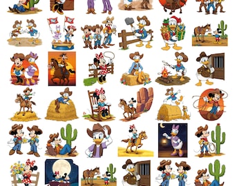 May include: A collection of cartoon illustrations featuring Disney characters in cowboy attire. The images include Mickey Mouse, Minnie Mouse, Donald Duck, and Goofy, with cowboy hats, horses, and western-themed backgrounds. The text at the bottom reads "250+ Design Disney Cowboy png bundle."