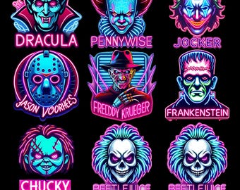 Neon Horror Character Halloween PNG Bundle, Horror Killers Png, Halloween Png, Retro Halloween Png, Scary Movies Png