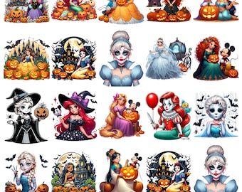 Puede incluir: Una colección de 18 diseños digitales con princesas de Disney con temas de Halloween. Cada diseño incluye una princesa, calabazas, murciélagos y fondos espeluznantes. Las princesas están vestidas con disfraces y sostienen calabazas.