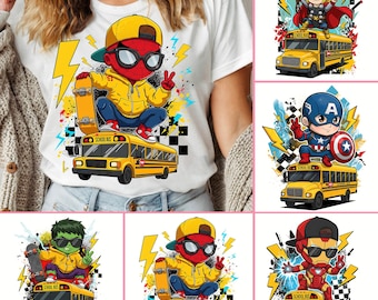 Retro Superhero Back To School Png bundle, Trendy Cartoon School Kids Shirt Design, Heroes School Bus Png, back to school png