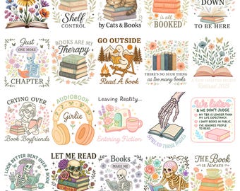 Books Bundle Png, Book Lover Png, Reading Png, Floral Book Png, There&#39;s No Such Thing As Too Many Book Png, Retro Book Png, skeleton book