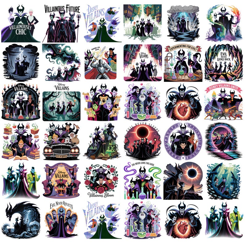 K&ouml;nnte beinhalten: Eine Sammlung farbenfroher Disney-B&ouml;sewicht-Illustrationen. Die Bilder zeigen Charaktere wie Maleficent, Cruella de Vil und die b&ouml;se K&ouml;nigin. Einige Designs enthalten Texte wie "VILLAINOUSLY CHIC" und "EXPERIMENTING FOR EVIL!"
