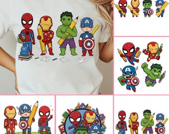 May include: White t-shirt featuring cartoon illustrations of Spider-Man, Iron Man, Hulk, and Captain America, each holding school supplies. The design includes a backpack, pencils, and rulers, with additional smaller images.