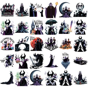 K&ouml;nnte beinhalten: Eine Sammlung farbenfroher Cartoon-Illustrationen mit Disney-B&ouml;sewichten. Die Bilder zeigen Charaktere wie Maleficent, mit Text wie "Digital Dominion", "Villainous Brews" und "Beware". Die Illustrationen zeigen die Charaktere in verschiedenen Posen und Umgebungen.