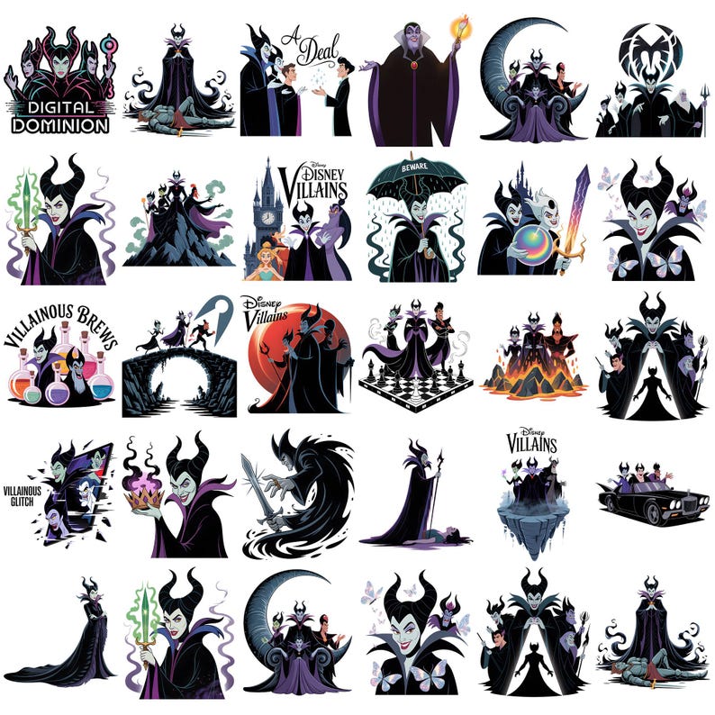 K&ouml;nnte beinhalten: Eine Sammlung farbenfroher Cartoon-Illustrationen mit Disney-B&ouml;sewichten. Die Bilder zeigen Charaktere wie Maleficent, mit Text wie "Digital Dominion", "Villainous Brews" und "Beware". Die Illustrationen zeigen die Charaktere in verschiedenen Posen und Umgebungen.