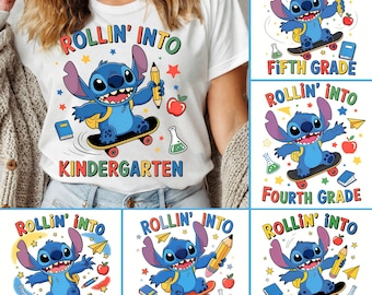 Rolling Into School-klasspaket png, trendig lärardesign, blå utomjordisk karaktär png, retrobarns första skoldag, preepy-klass png