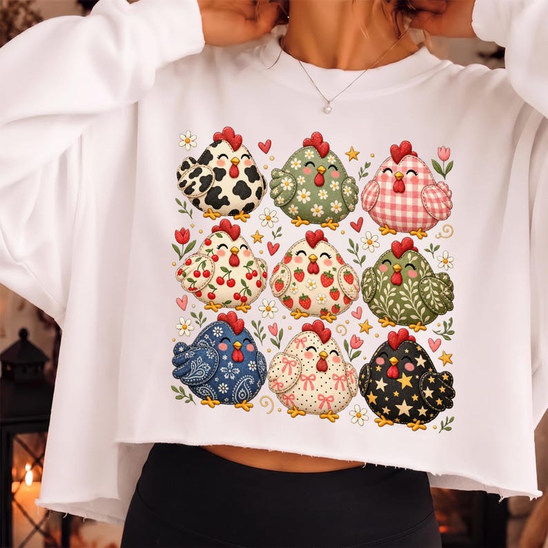 K&ouml;nnte beinhalten: Ein wei&szlig;es, lang&auml;rmeliges, bauchfreies Sweatshirt mit einem Grafikdruck von neun stilisierten H&uuml;hnern in einem Raster. Jedes Huhn hat ein einzigartiges Muster, darunter Kuhflecken, Vichy-Karo, Kirschen, Erdbeeren, Blumen, Paisley, Punkte und Sterne.