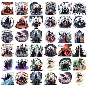 K&ouml;nnte beinhalten: Eine Sammlung farbenfroher Disney-B&ouml;sewicht-Aufkleber mit verschiedenen Charakteren und Szenen. Einige Aufkleber tragen die Texte "Evil Masterpieces", "Evil Never Looked So Good", "Disney Villains", "Happy Halloween" und "Villainous Flight".