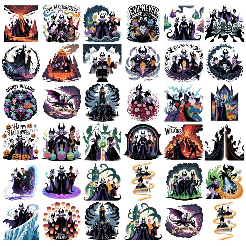 K&ouml;nnte beinhalten: Eine Sammlung farbenfroher Disney-B&ouml;sewicht-Aufkleber mit verschiedenen Charakteren und Szenen. Einige Aufkleber tragen die Texte "Evil Masterpieces", "Evil Never Looked So Good", "Disney Villains", "Happy Halloween" und "Villainous Flight".