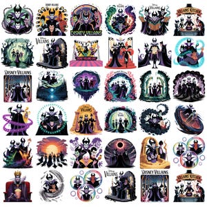 K&ouml;nnte beinhalten: Eine Sammlung farbenfroher Disney Villains-Aufkleber mit verschiedenen Charakteren wie Maleficent. Die Aufkleber zeigen verschiedene Szenen und Designs mit Text wie "Disney Villains" und "Villains Kitchen".