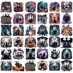 K&ouml;nnte beinhalten: Eine Sammlung farbenfroher Disney-Villains-Aufkleber mit verschiedenen Charakteren und Szenen. Designs umfassen Maleficent, Cruella de Vil und andere ikonische Schurken in dynamischen Posen und Umgebungen. Einige Aufkleber haben Text wie "Evil Never Looks Back".