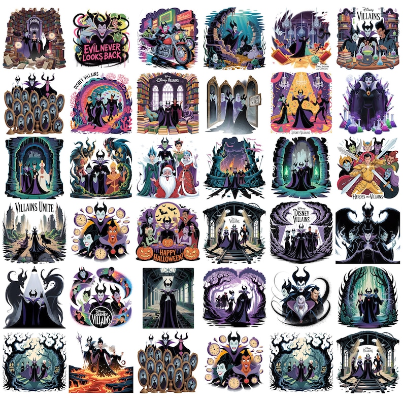 K&ouml;nnte beinhalten: Eine Sammlung farbenfroher Disney-Villains-Aufkleber mit verschiedenen Charakteren und Szenen. Designs umfassen Maleficent, Cruella de Vil und andere ikonische Schurken in dynamischen Posen und Umgebungen. Einige Aufkleber haben Text wie "Evil Never Looks Back".
