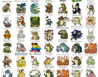 Paquete de ranas PNG, rana divertida PNG, rana kawaii PNG, arte de sapo cottagecore, plantilla de camiseta de rana PNG, rana sarcástica divertida PNG