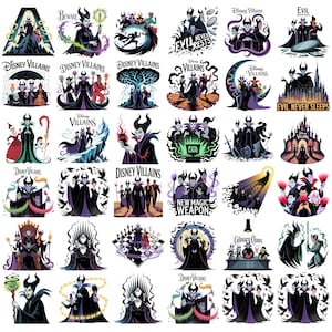 K&ouml;nnte beinhalten: Eine Sammlung farbenfroher Disney-Villains-Aufkleber mit verschiedenen Charakteren in dynamischen Posen. Jeder Aufkleber enth&auml;lt Text wie "Beware", "Evil Never Rests" und "New Magic Weapon". Die Designs zeigen die Schurken im Cartoon-Stil.