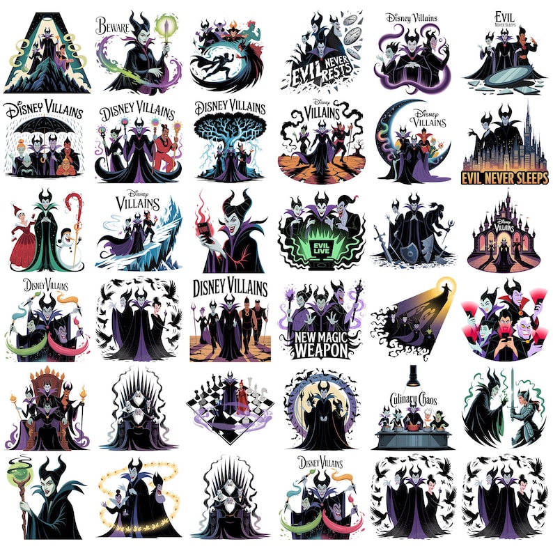 K&ouml;nnte beinhalten: Eine Sammlung farbenfroher Disney-Villains-Aufkleber mit verschiedenen Charakteren in dynamischen Posen. Jeder Aufkleber enth&auml;lt Text wie "Beware", "Evil Never Rests" und "New Magic Weapon". Die Designs zeigen die Schurken im Cartoon-Stil.