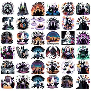 K&ouml;nnte beinhalten: Eine Sammlung farbenfroher Aufkleber mit verschiedenen Disney-B&ouml;sewichten. Die Aufkleber zeigen Charaktere in dynamischen Posen und Szenen, mit Text wie "Evil Never Sleeps" und "Beware". Die Designs umfassen eine Vielzahl von Stilen und Hintergr&uuml;nden.