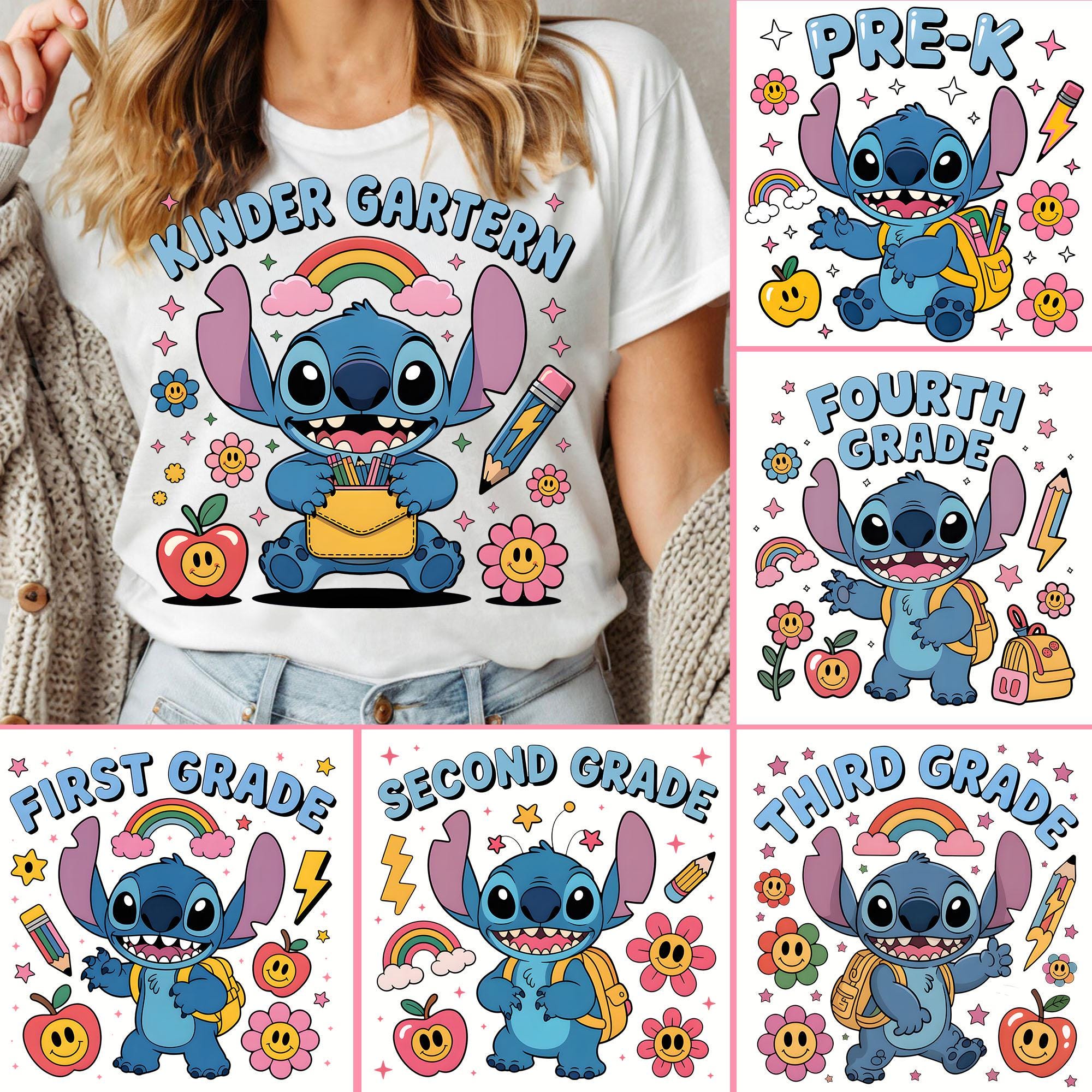 Blue Alien Back To School PNG Bundle, Preppy Pre-K To 4th Grade, Cartoon First Day Of School Design, Cartoon Pastel Png Design
