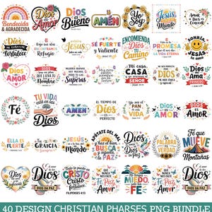 Może przedstawiać: Zestaw 40 chrześcijańskich fraz w pakiecie PNG. Projekty zawierają kolorowy tekst, elementy kwiatowe i inspirujące wiadomości, takie jak "Dios es Amor" i "Jesus te ama". Frazy są w języku hiszpańskim i angielskim.