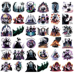 K&ouml;nnte beinhalten: Eine Sammlung von Disney-B&ouml;sewicht-Aufklebern mit verschiedenen Charakteren in dunklen, stilisierten Illustrationen. Die Aufkleber zeigen Charaktere wie Maleficent, Cruella de Vil und andere, mit Texten wie "Villainous Night" und "Disney Villains".