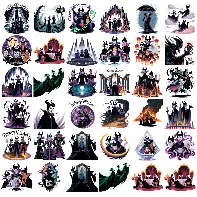 K&ouml;nnte beinhalten: Eine Sammlung von Disney-B&ouml;sewicht-Aufklebern mit verschiedenen Charakteren in dunklen, stilisierten Illustrationen. Die Aufkleber zeigen Charaktere wie Maleficent, Cruella de Vil und andere, mit Texten wie "Villainous Night" und "Disney Villains".