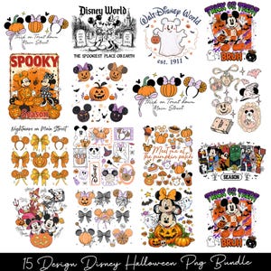 Puede incluir: Una colección de 15 diseños de Halloween con temática de Disney. Las imágenes presentan a Mickey y Minnie Mouse, calabazas, fantasmas y frases como "Trick or Treat" y "Spooky Season". Los diseños incluyen diademas, lazos e ilustraciones de personajes.