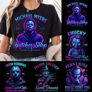 Halloween Neon Horror Charaktere Png, Horror Neon Halloween Png, Horror Mörder Png, Halloween Png, Retro Halloween Png, Gruselige Filme Png