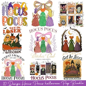 Könnte beinhalten: Eine Sammlung von zehn Designs zum Thema Halloween mit dem Satz "Hocus Pocus" in verschiedenen Stilen. Die Designs enthalten Bilder von Hexen, Kürbissen und den Text "Get in Loser". Die Designs sind in einer Vielzahl von Farben.