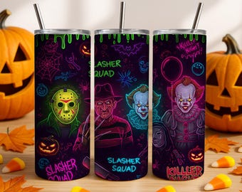 Horror Neon Charaktere Straight Tumbler Wrap Png, Scary Halloween Spooky 20 Unzen Tumbler Design Png, Horrorfilm Tumbler Wrap