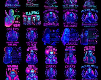 Halloween Horror Friends neon Png Bundle, Movie Killers Neon Png, Neon Horror Characters Png, Series Killer Halloween Png, Scary Movie Png
