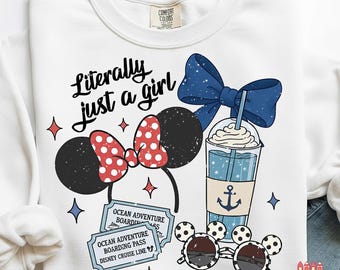 Literally Just a Girl cartoon mouse PNG, Cute Bow Ears Clipart, Ocean Adventure Drink Sublimation Design, Cruise Vacation Printable