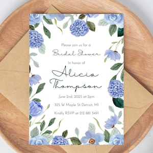 Elegant Blue Hydrangea Invitation | Bridal Shower Template | Editable Digital Download