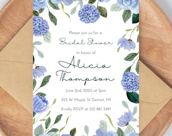 Elegant Blue Hydrangea Invitation | Bridal Shower Template | Editable Digital Download