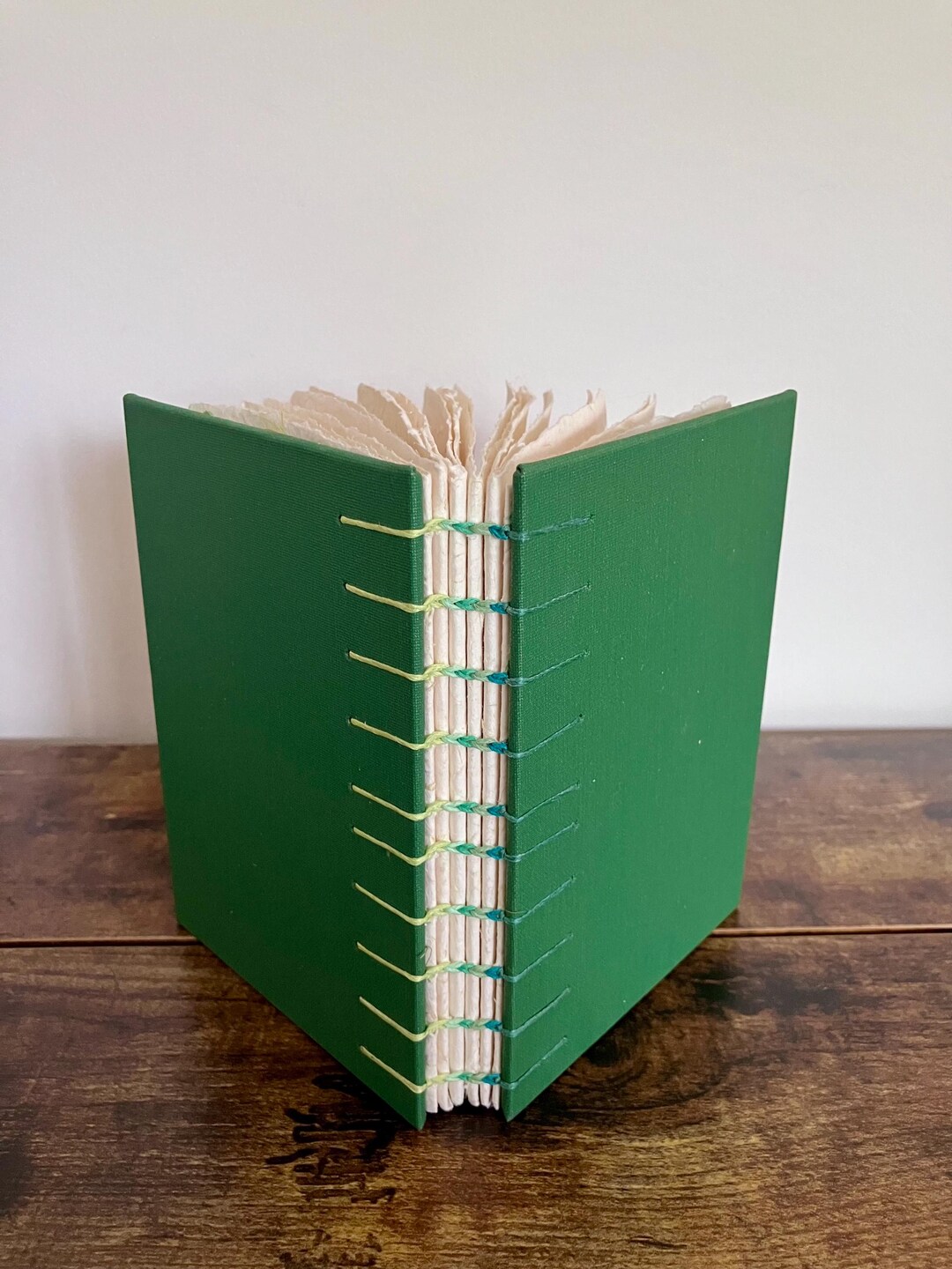 A6 Green Journal Book, Handmade Paper, Coptic Binding, Hardcover, Blank ...