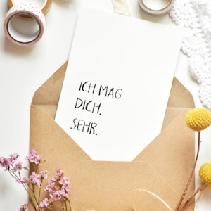 Postal, tarjeta de felicitación, "Me gustas mucho.", tarjeta con diseño, lámina artística.