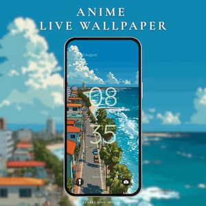 May include: A smartphone displays an anime-style live wallpaper featuring a coastal town scene with a blue ocean, palm trees, and buildings. The time is displayed as 08:35, with the date August 6th. The text "ANIME LIVE WALLPAPER" is at the top.