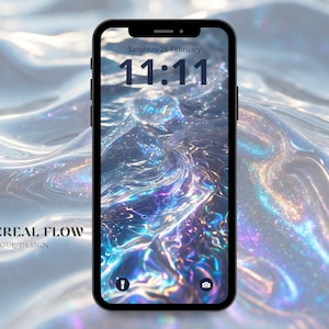 May include: A smartphone displaying a digital clock with the time 11:11 and the date Saturday 26 February. The background is a shimmering, iridescent blue and purple liquid with a subtle sparkle.