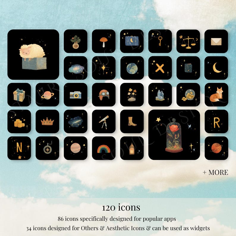 Little Prince App Icons | Whimsical Storybook IOS Android Theme | Cute Kawaii Celestial Dark Witchy Aesthetic Phone Theme