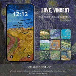 Peut inclure: Un écran de téléphone affiche une peinture de paysage en jaune, bleu et marron, avec l'heure 12h12. L'image montre également des icônes d'applications et le texte "LOVE, VINCENT Wallpapers and App Icons Pack for iOS and Android". Le texte "your phone, your way" est également visible.