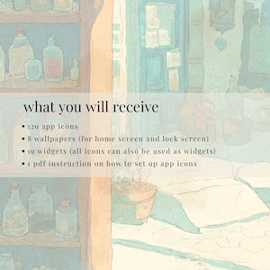 May include: Watercolor-style image with text "what you will receive" and bullet points: 129 app icons, 8 wallpapers, 19 widgets, and 1 PDF instruction. The background features shelves with bottles and a window.