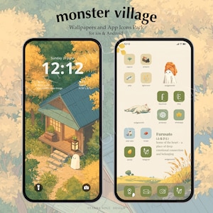 May include: Two smartphones displaying a "monster village" theme. One shows a house illustration with a ghost, the other features app icons and a cat illustration. Text includes "Wallpapers and App Icons Pack" and "Furusato".
