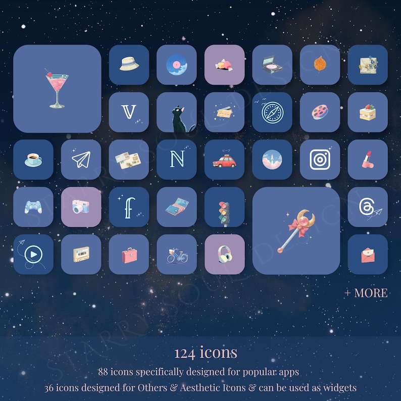 May include: A collection of 124 app icons on a dark blue background with a starry night design. The icons are in a square format and feature various illustrations, including a cocktail, cat, and camera. Text on the image reads: 124 icons.