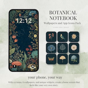 Paquete de iconos de la aplicación Botanical Notebook / Tema Dark Academia iOS 18 para Android / Widgets y fondos de pantalla para teléfono con estética Cottagecore para Android