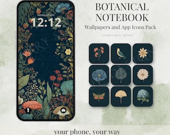 Botanical Notebook App Icons Pack | Dark Academia iOS 18 Android Theme | Cottagecore Witchy Aesthetic Phone Widgets & Wallpapers