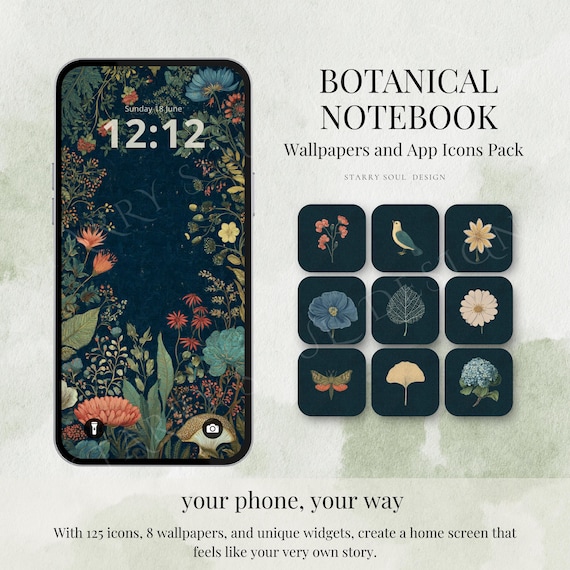 Botanical Notebook App Icons Pack | Dark Academia iOS 18 Android Theme | Cottagecore Witchy Aesthetic Phone Widgets & Wallpapers
