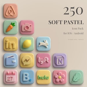 May include: A set of 250 soft pastel-coloured icon designs for iOS and Android. The icons feature various symbols and illustrations, including a carrot, camera, lemon, rabbit, wallet, and social media logos. The text reads "SOFT PASTEL" and "Icon Pack".
