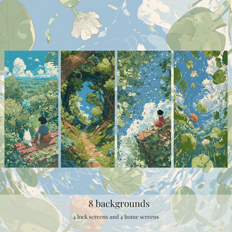May include: A set of eight digital backgrounds featuring serene landscapes. The artwork includes scenes of forests, pathways, and water, with figures and animals. The color palette is dominated by blues, greens, and earth tones, creating a calming aesthetic.